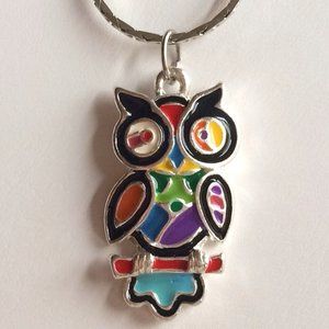 Owl Pendant Necklace Bird Multicolor Pop Aart Enamel Patchwork 19" Silver Plated